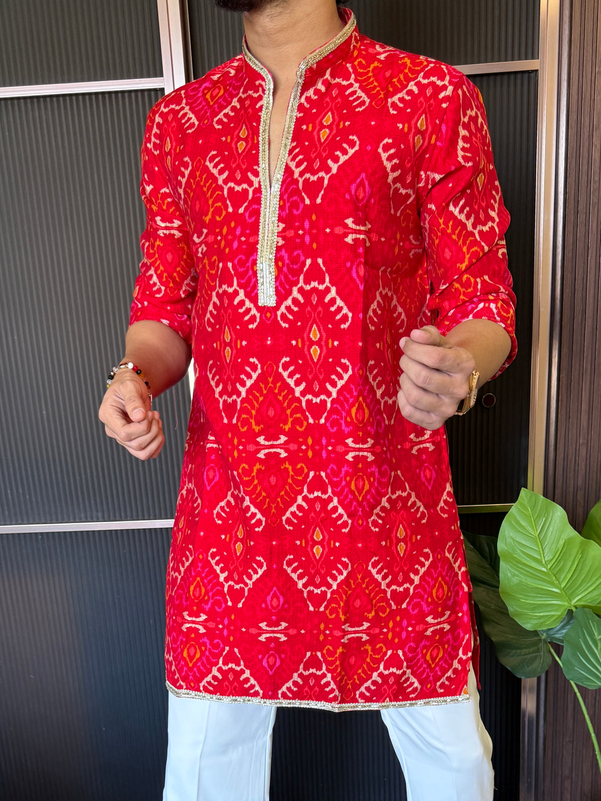V neck Printed Red Short Kurta