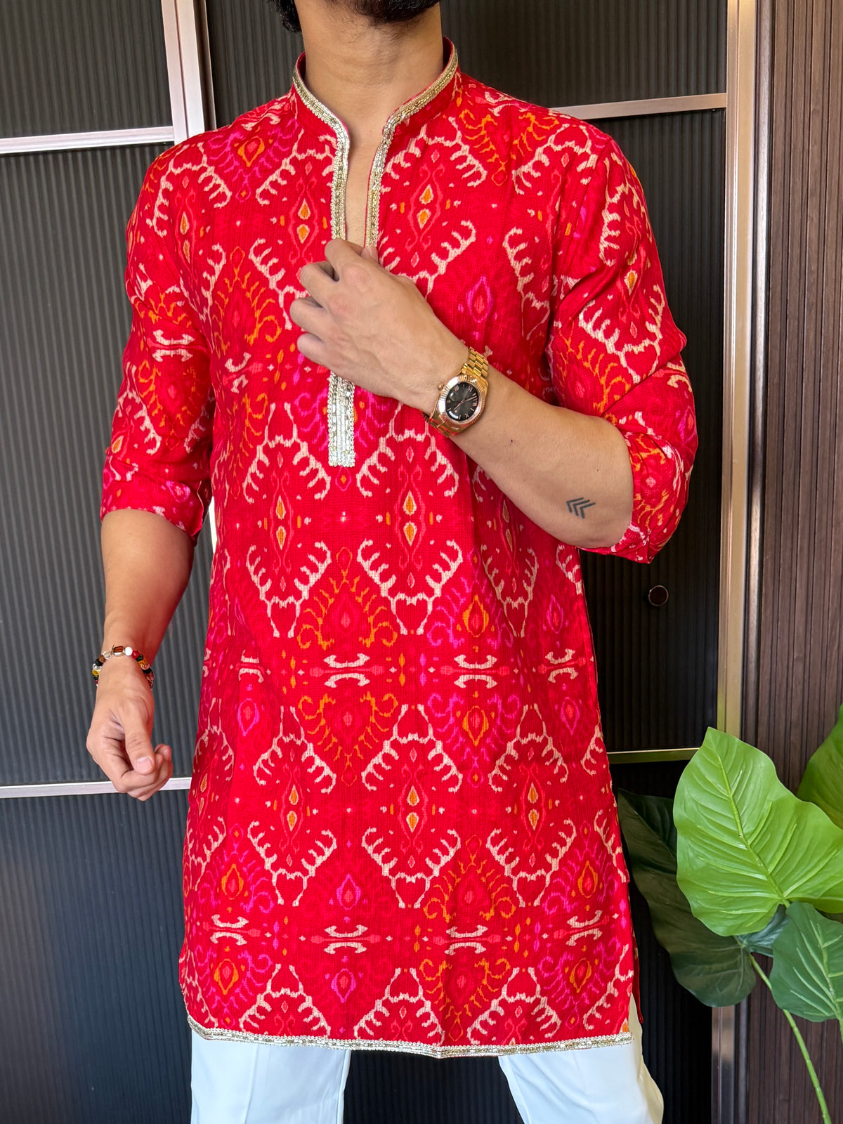V neck Printed Red Short Kurta