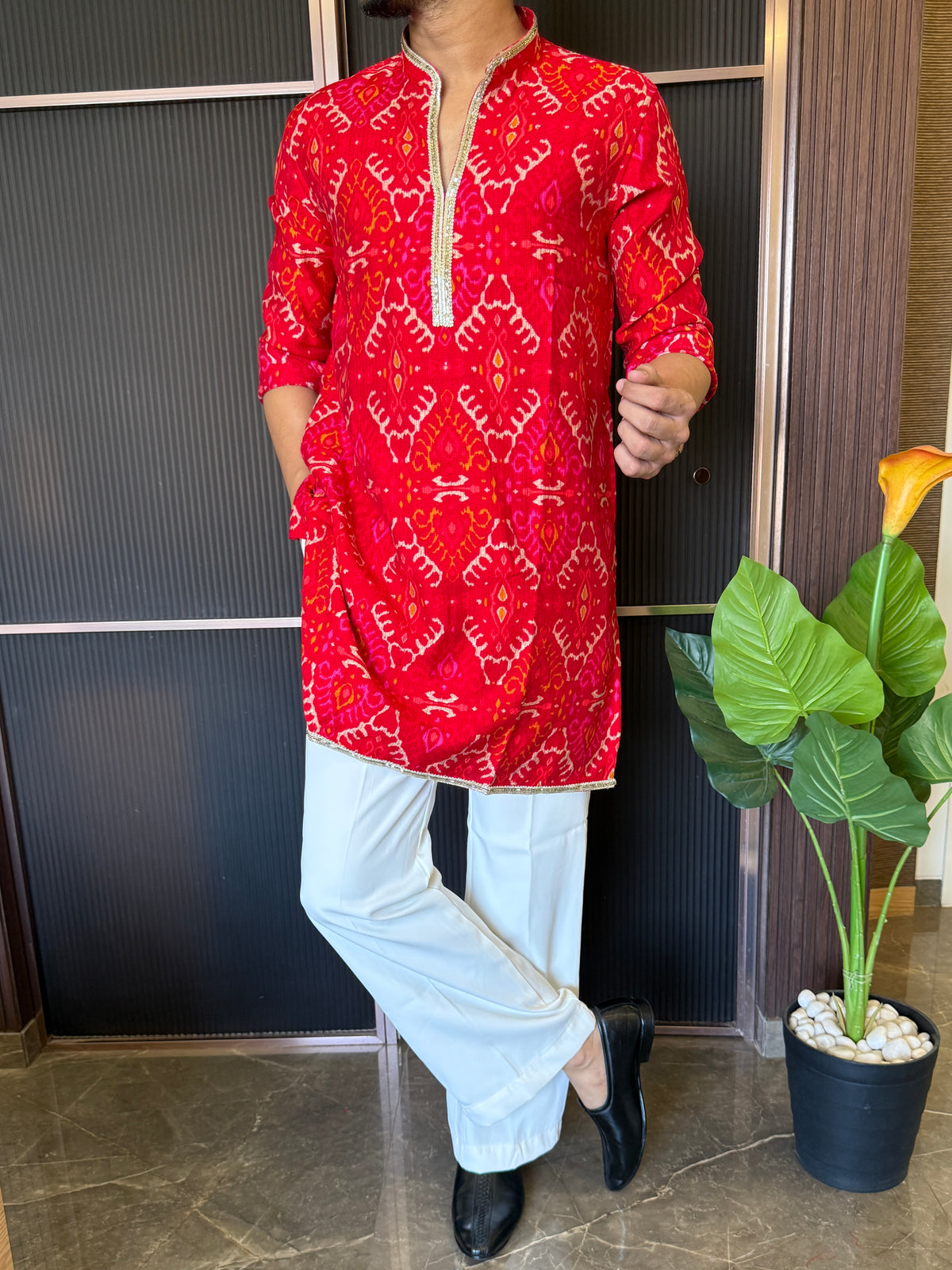 V neck Printed Red Short Kurta