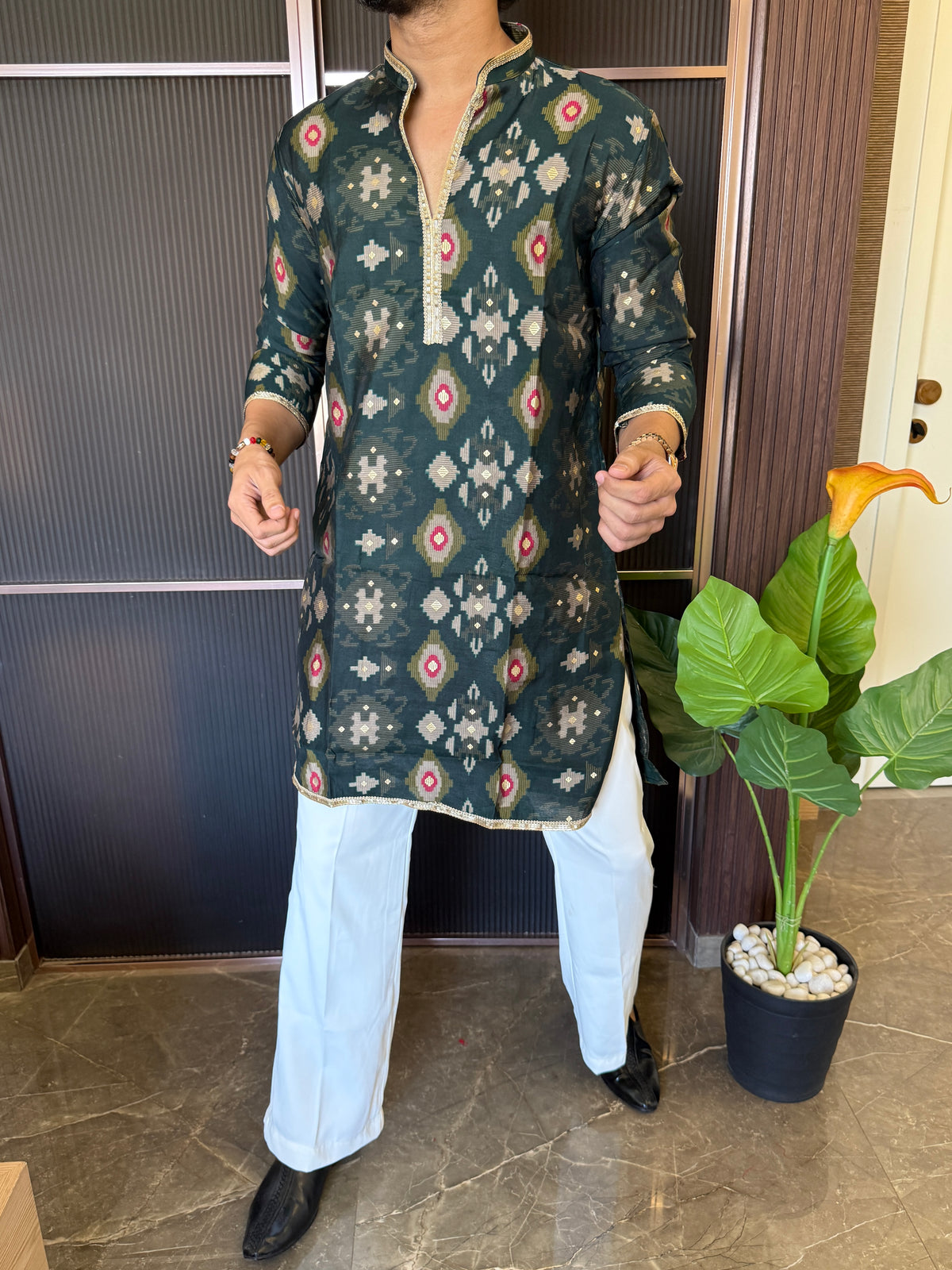 V neck Printed Green Short Kurta