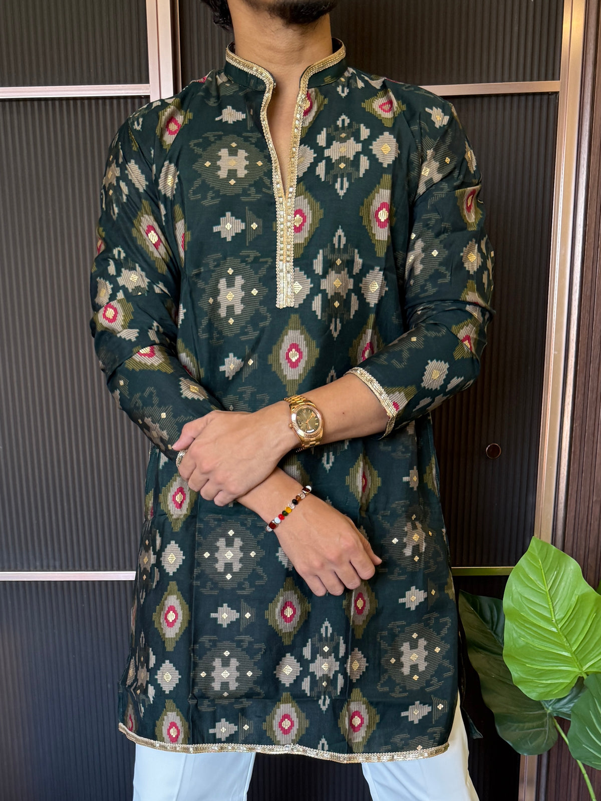 V neck Printed Green Short Kurta