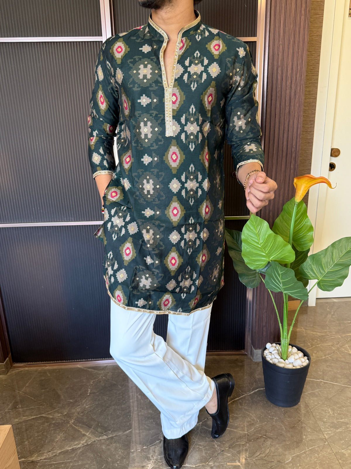 V neck Printed Green Short Kurta