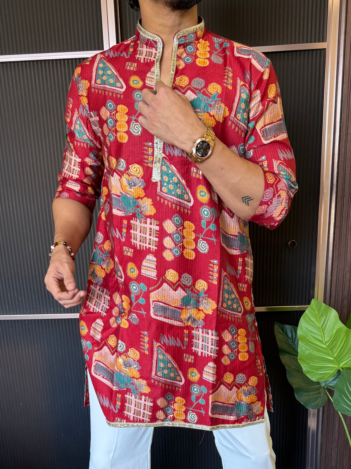 V neck Printed Red 1 Short Kurta