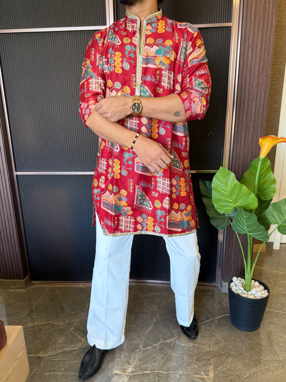 V neck Printed Red 1 Short Kurta