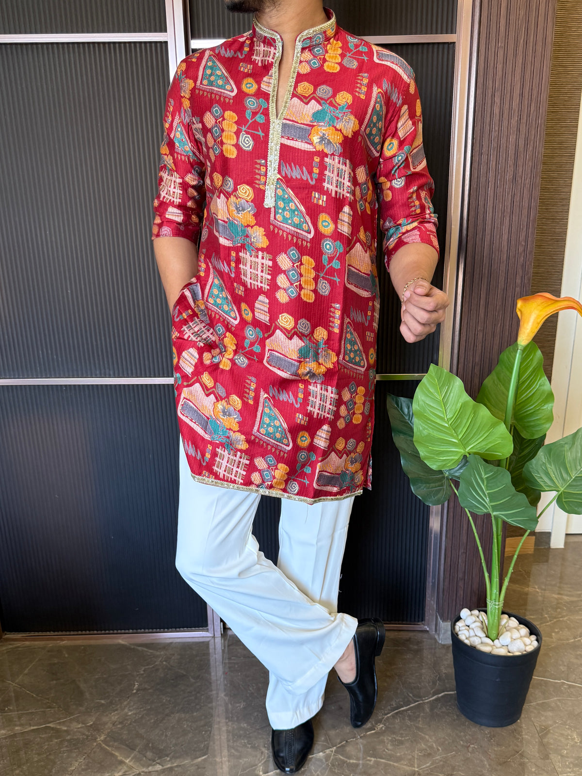 V neck Printed Red 1 Short Kurta