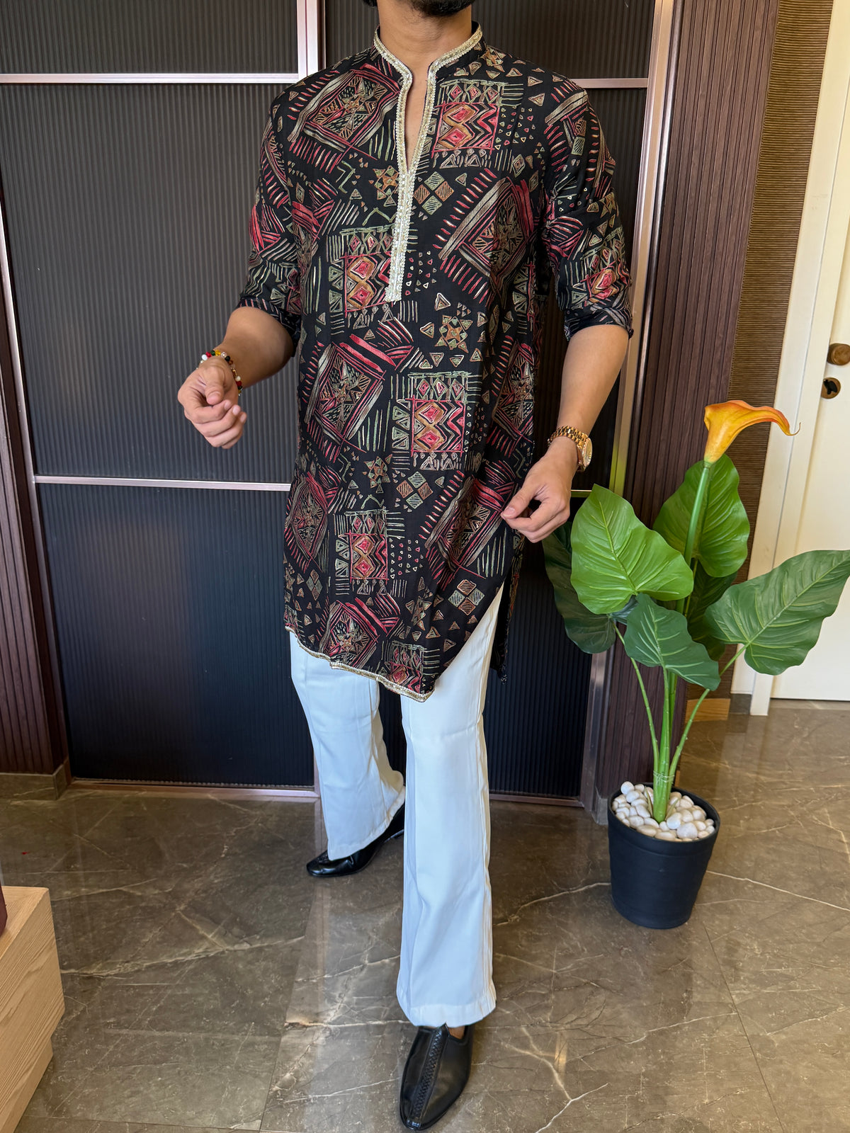V neck Printed Black Short Kurta