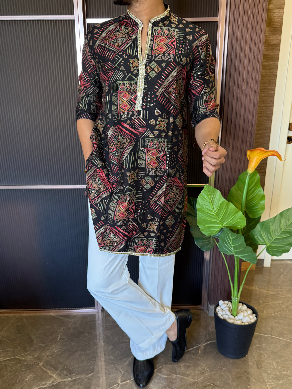 V neck Printed Black Short Kurta