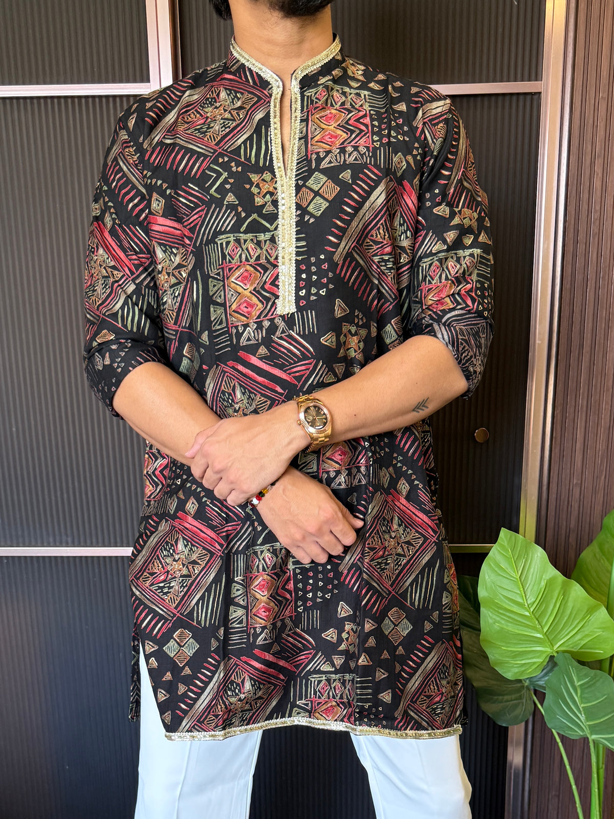 V neck Printed Black Short Kurta