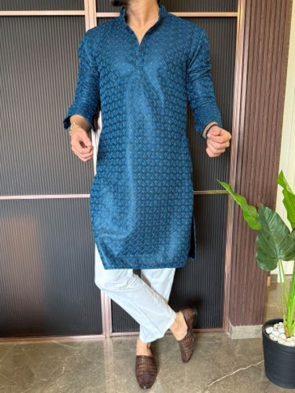 Heavy textured Blue Kurta