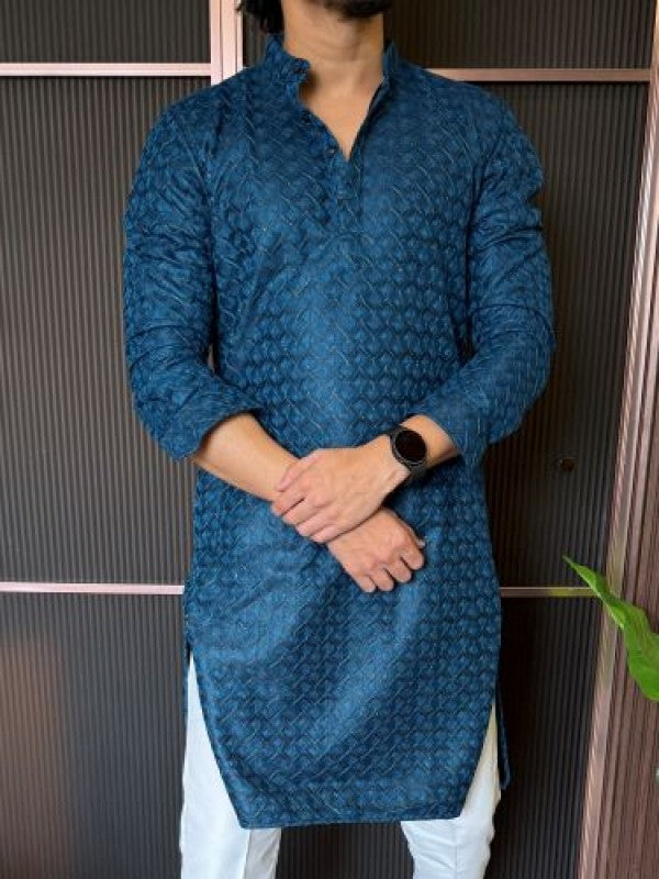 Heavy textured Blue Kurta