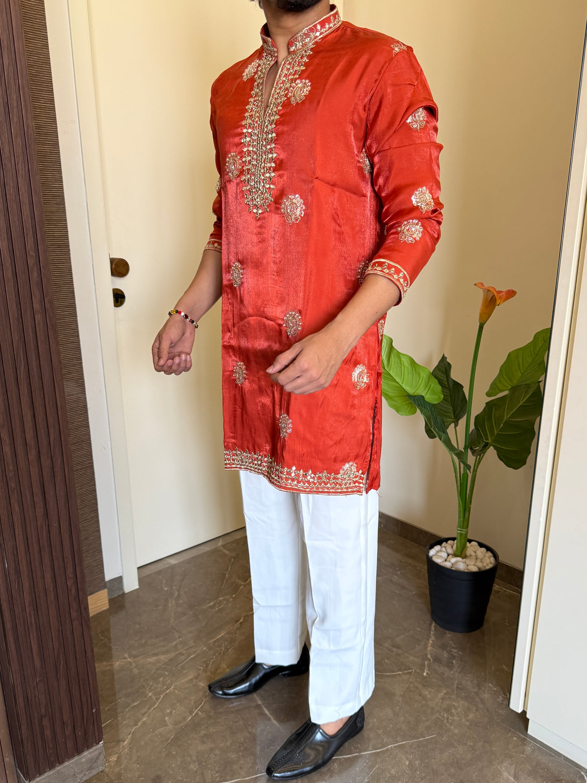 Premium Satin Handwork Rust Kurta