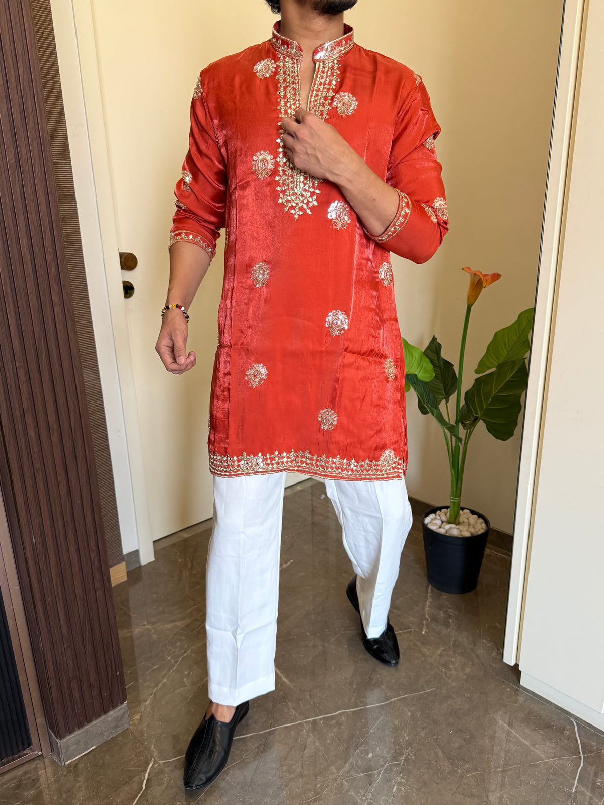 Premium Satin Handwork Rust Kurta