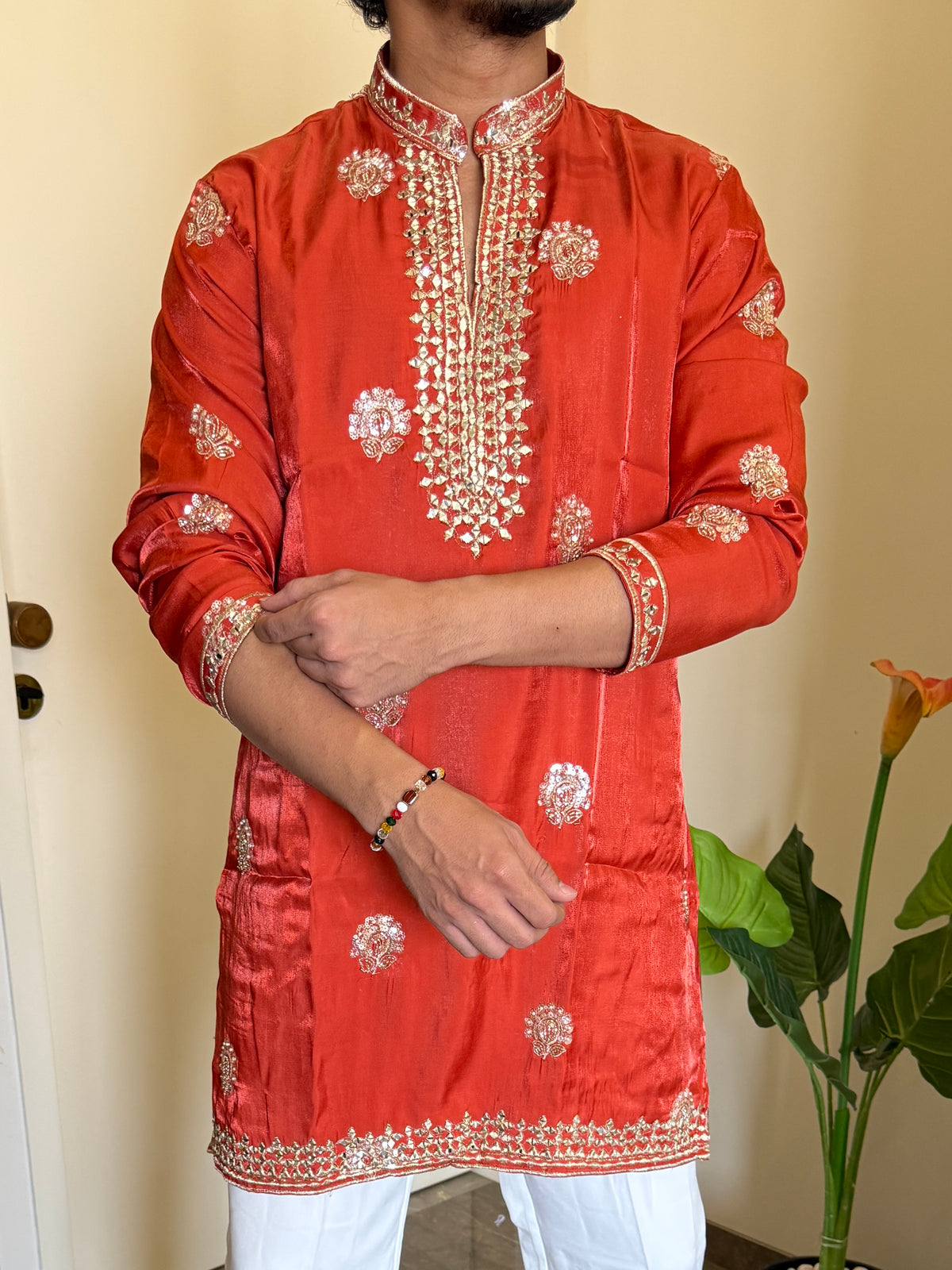 Premium Satin Handwork Rust Kurta