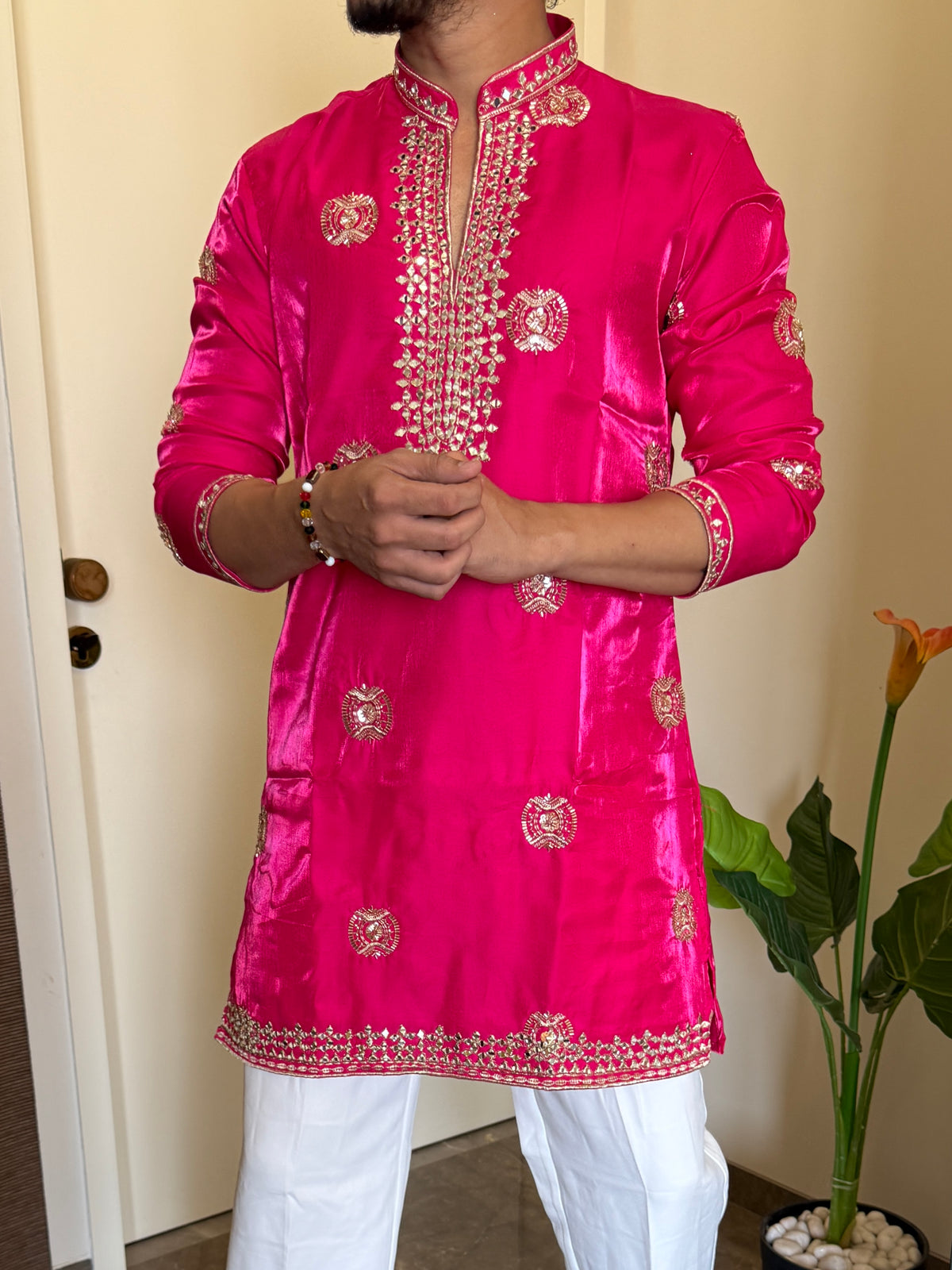 Premium Satin Handwork Pink Kurta