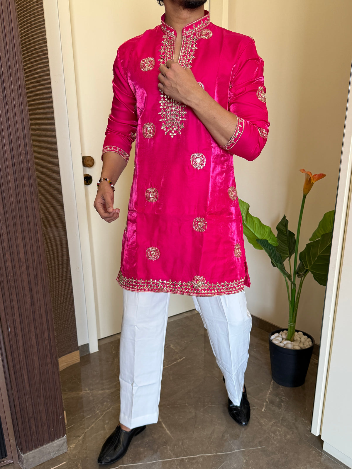 Premium Satin Handwork Pink Kurta