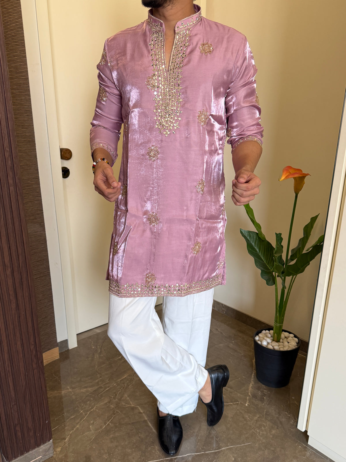 Premium Satin Handwork Onion Kurta