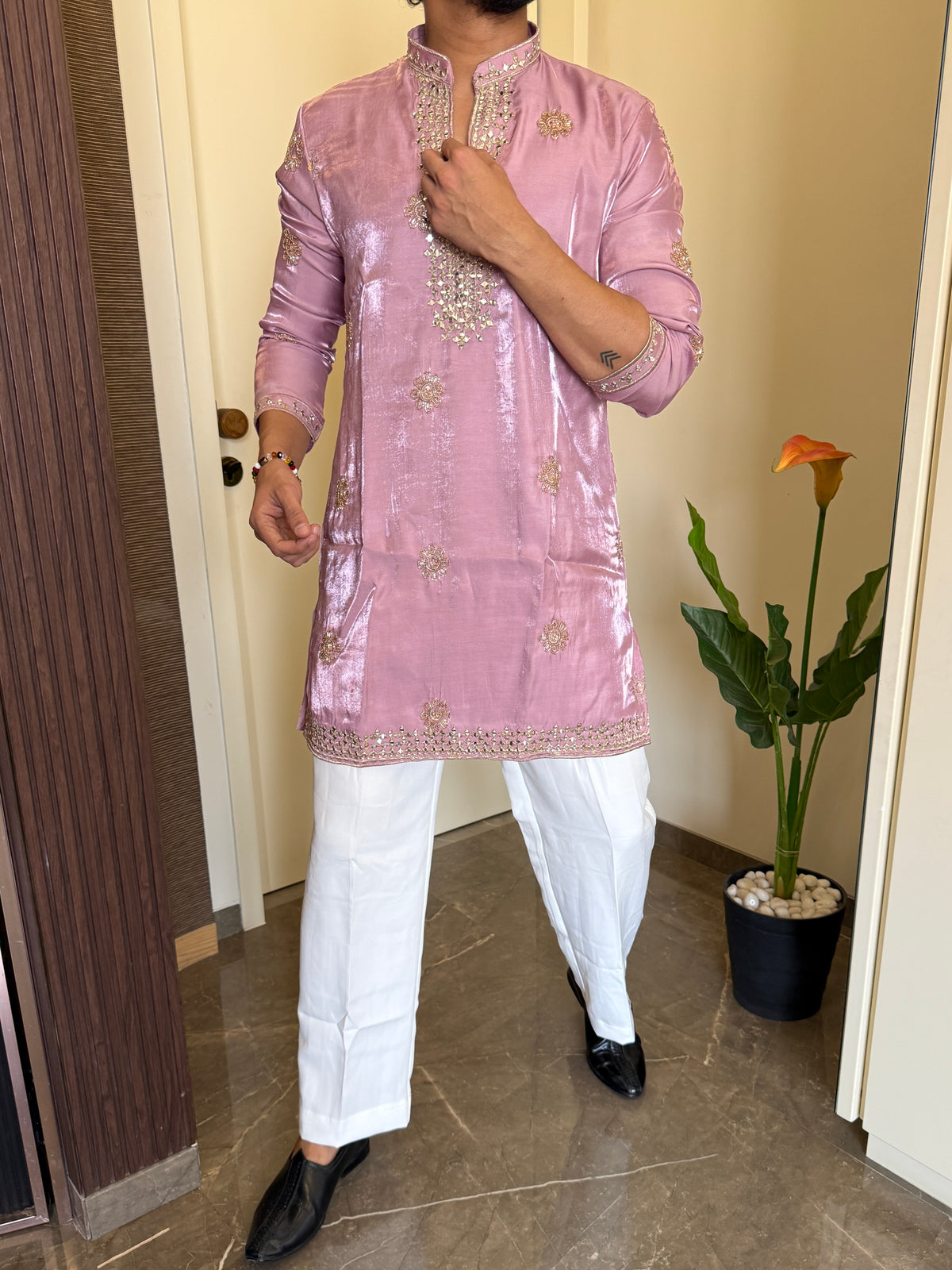 Premium Satin Handwork Onion Kurta