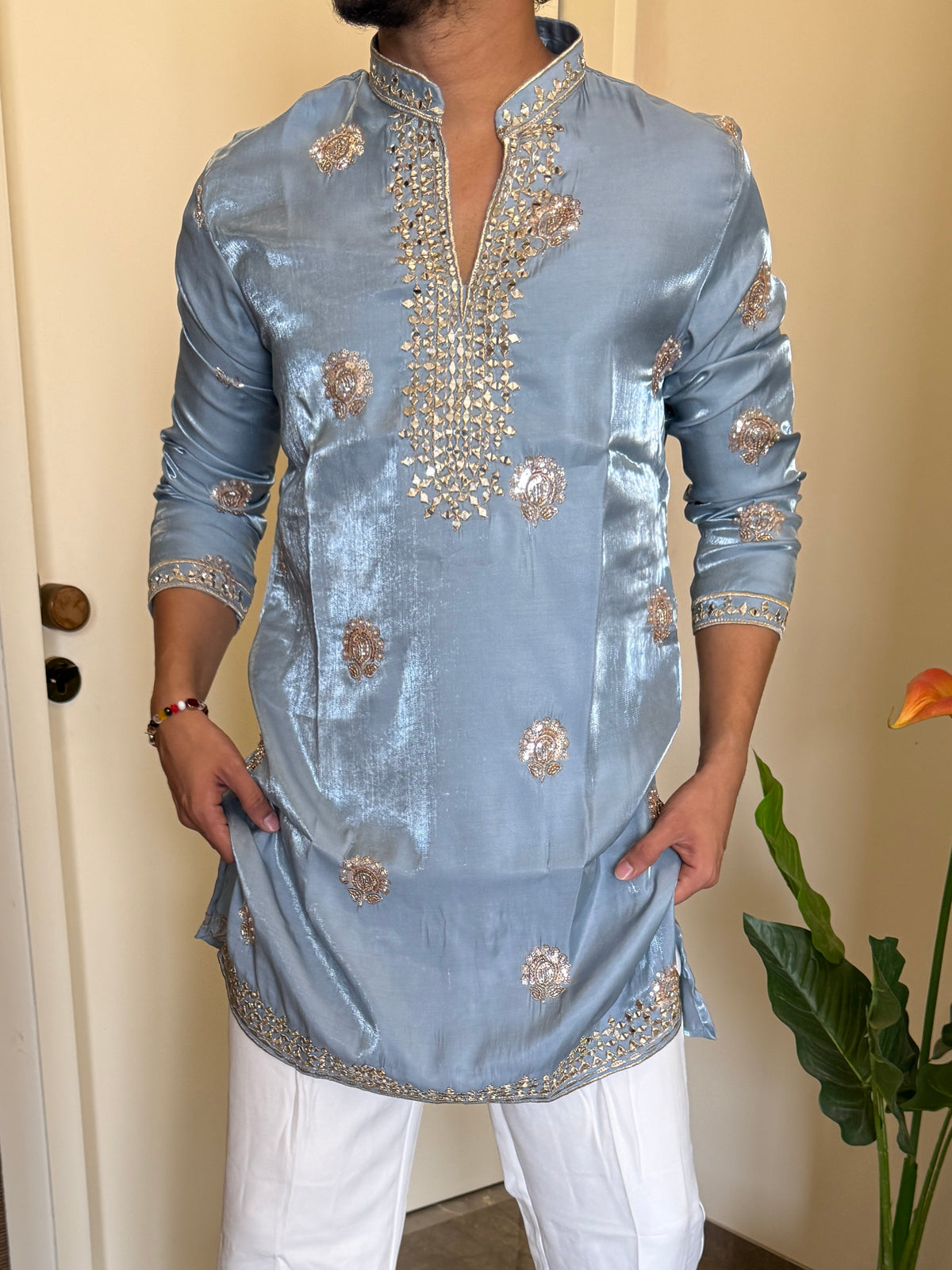 Premium Satin Handwork Sky Kurta