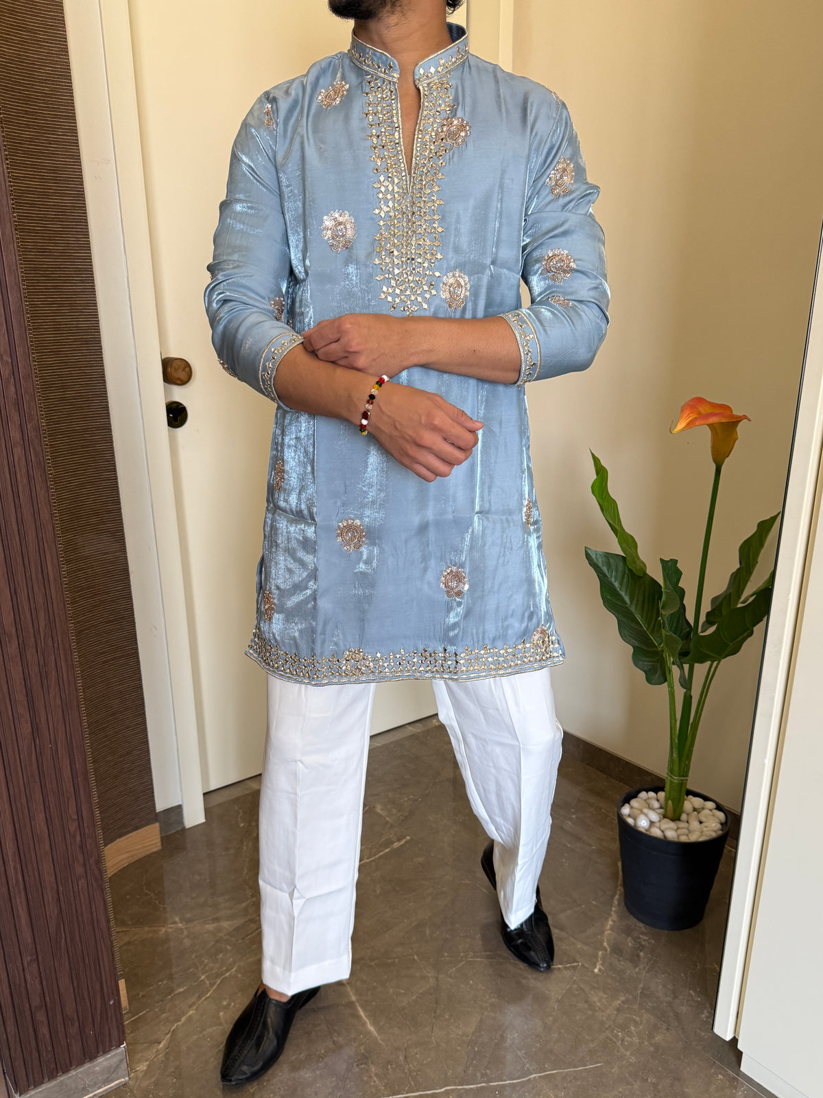 Premium Satin Handwork Sky Kurta
