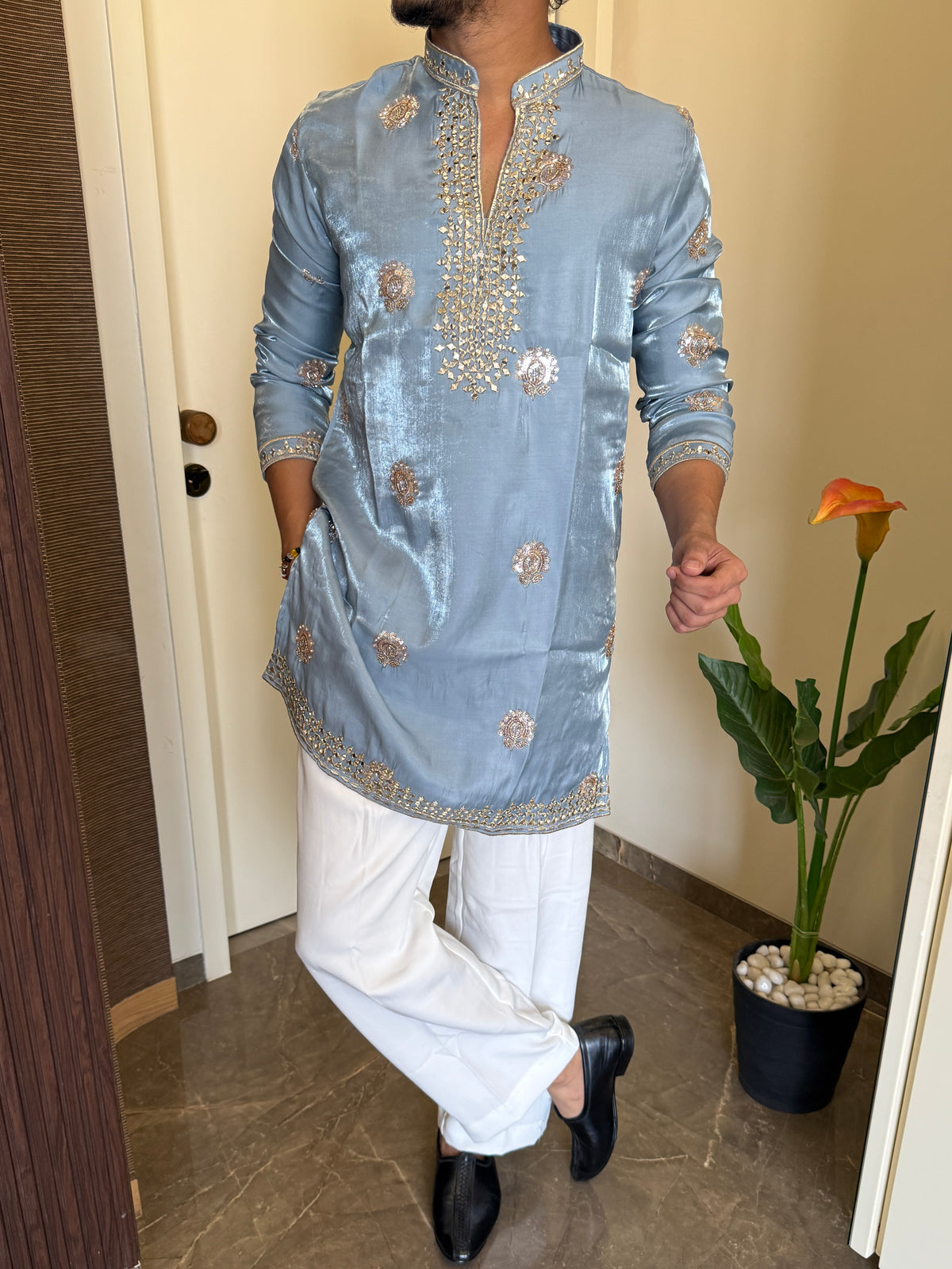 Premium Satin Handwork Sky Kurta