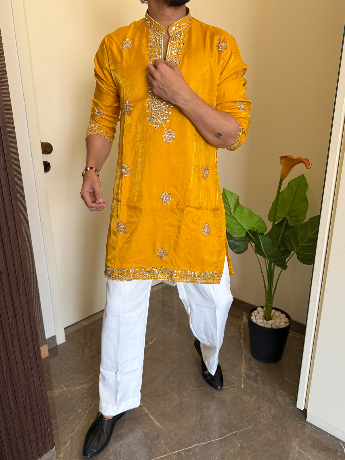 Premium Satin Handwork Yellow Kurta