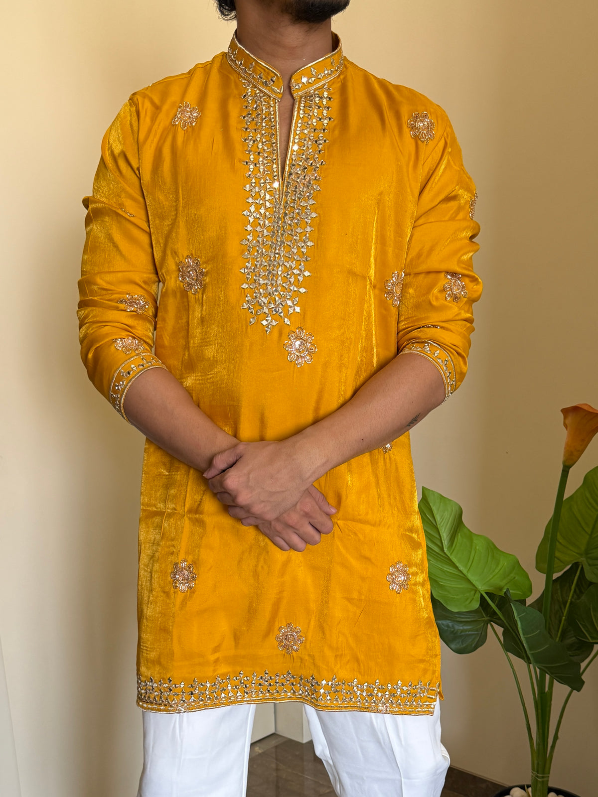 Premium Satin Handwork Yellow Kurta