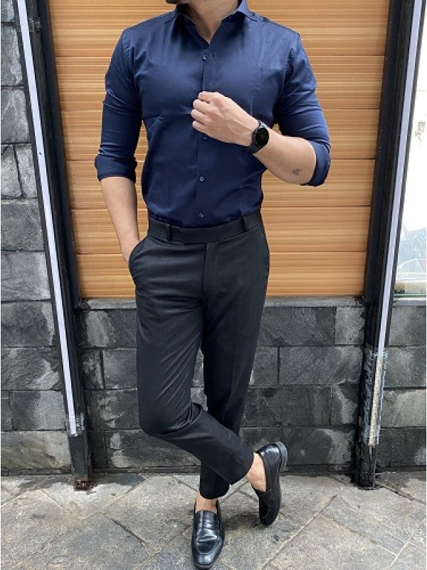 Cotton Satin Navy Fullsleeve Shirt