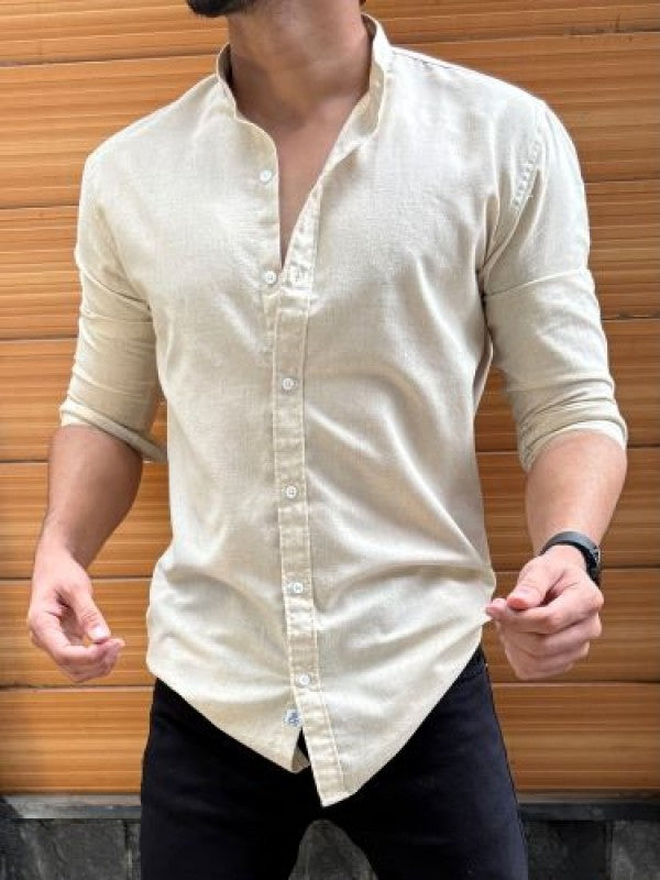Chinese Collar Linen Beige Shirt