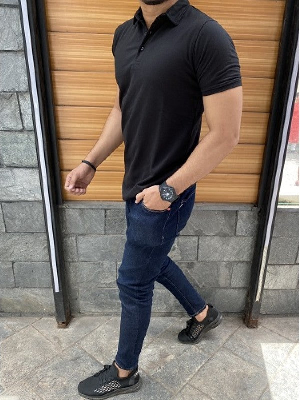 Collar Black Cotton Tshirt