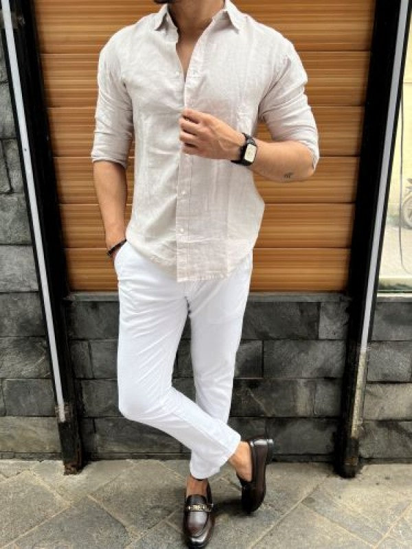 Linen Fabric Collar Cream Fullsleeves Shirt