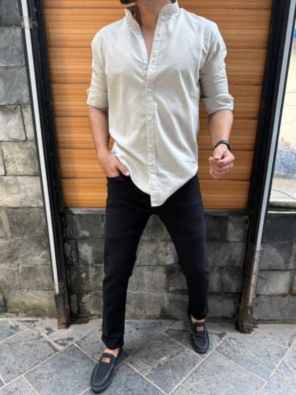 Chinese Collar Linen Cream Shirt