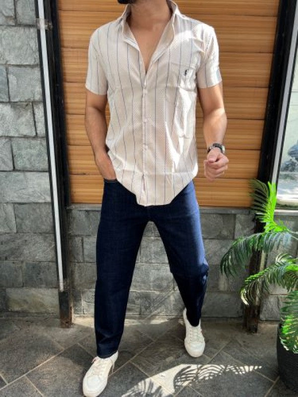 Stretchable Striper Cream Half Shirt