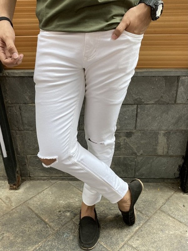 Knee Cut White Denim