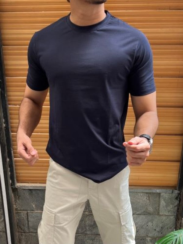 Cotton Lycra Plain Navy Half T shirt