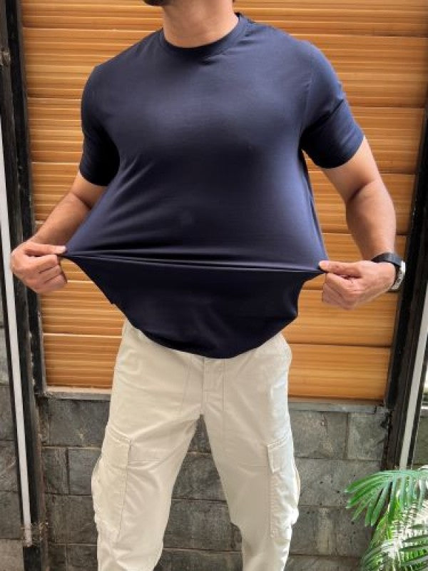 Cotton Lycra Plain Navy Half T shirt