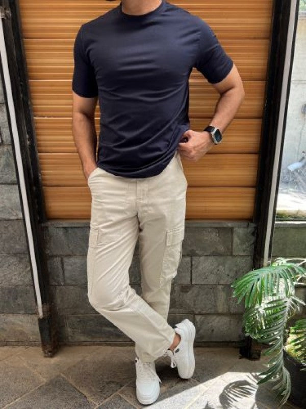 Cotton Lycra Plain Navy Half T shirt