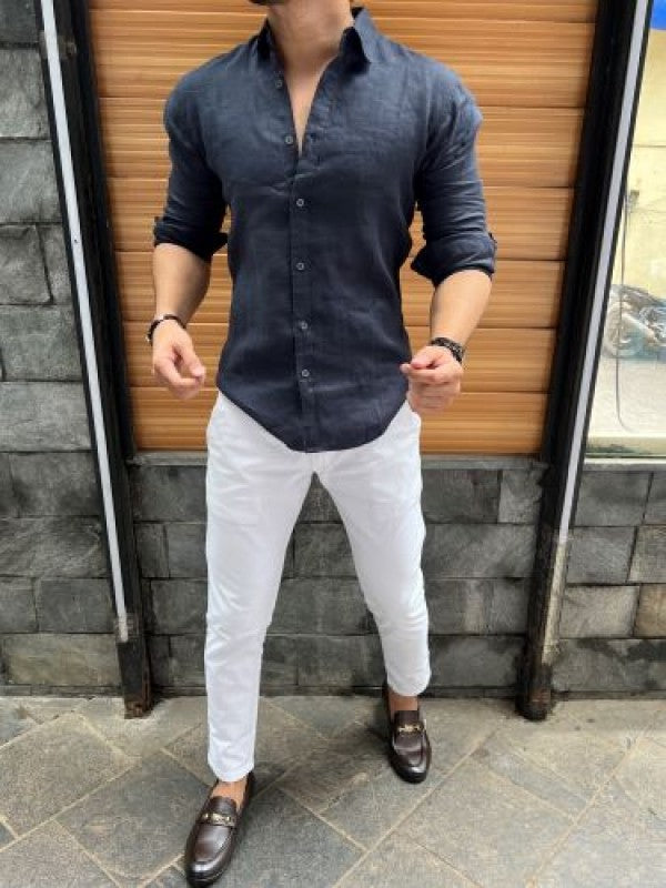 Linen Fabric Collar Navy Fullsleeves Shirt