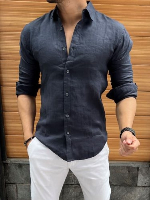 Linen Fabric Collar Navy Fullsleeves Shirt