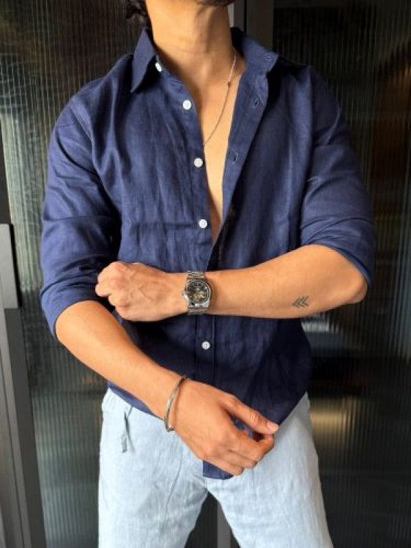 Pure Linen Fabric Dark Blue Fullsleeves Shirt