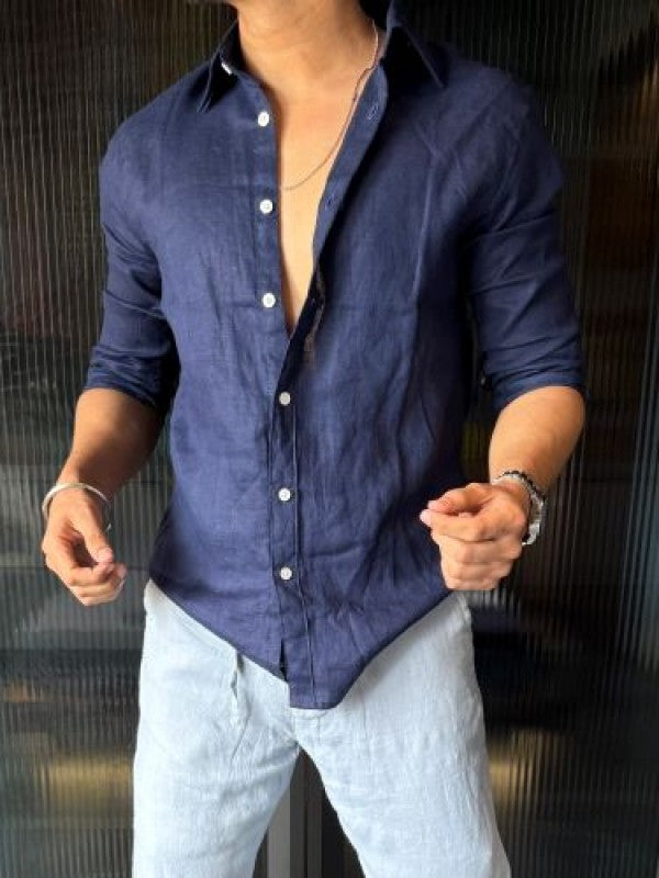 Pure Linen Fabric Dark Blue Fullsleeves Shirt