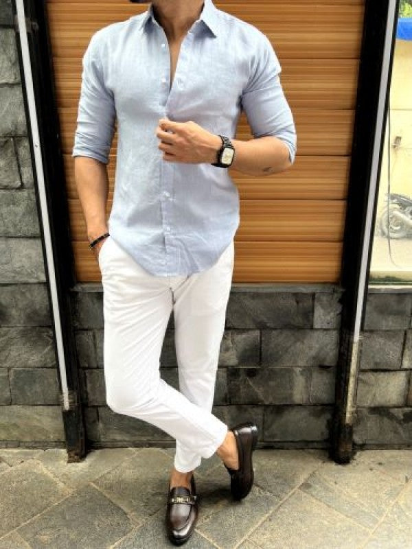 Linen Fabric Collar Sky blue Fullsleeves Shirt