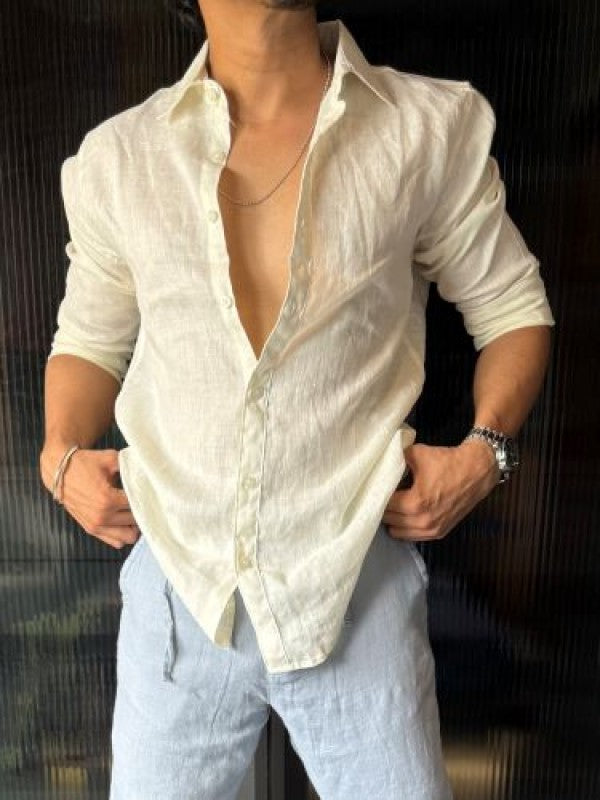 Pure Linen Fabric Off White Fullsleeves Shirt