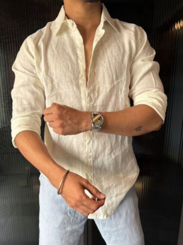 Pure Linen Fabric Off White Fullsleeves Shirt
