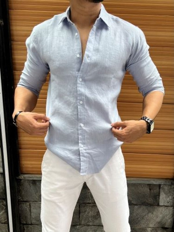 Linen Fabric Collar Sky blue Fullsleeves Shirt