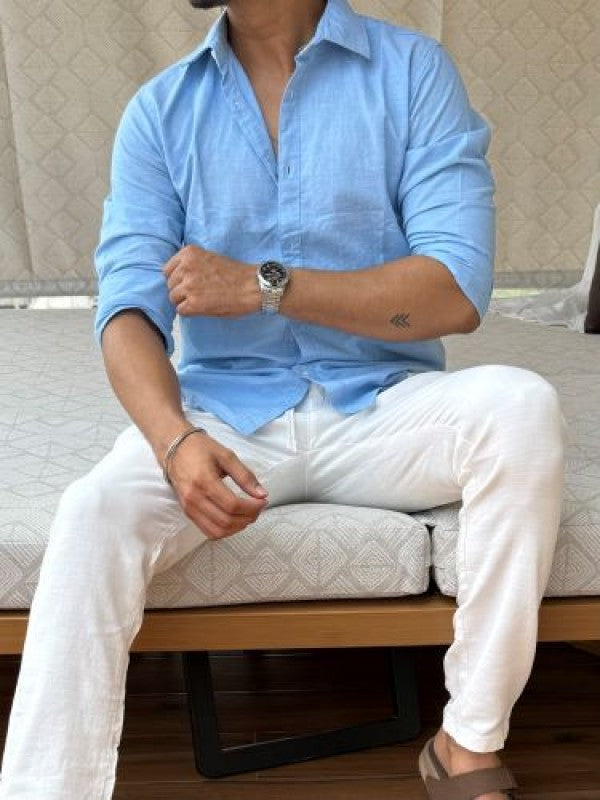 Pure Linen Fabric Sky Blue 2 Full sleeves Shirt