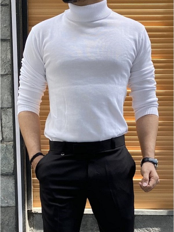 Knitted Turtle Neck White Fullsleeve Tshirt
