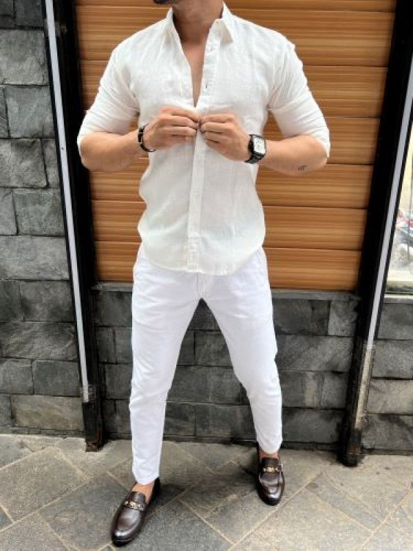 Linen Fabric Collar White Fullsleeves Shirt