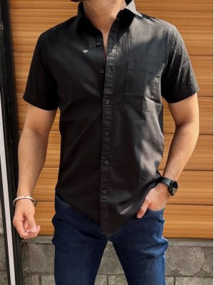         Linen Slub Half Black Shirt