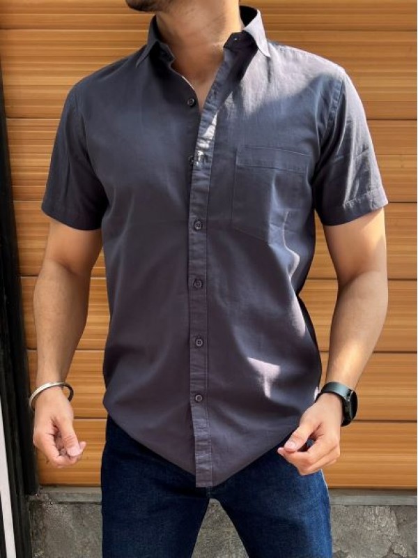         Linen Slub Half Dark Grey Shirt