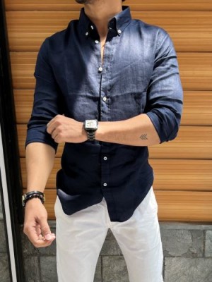           Linen Down Button Navy Shirt 